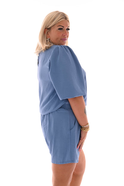 Tvådelat set med shorts & puffärmar | Jeansblå